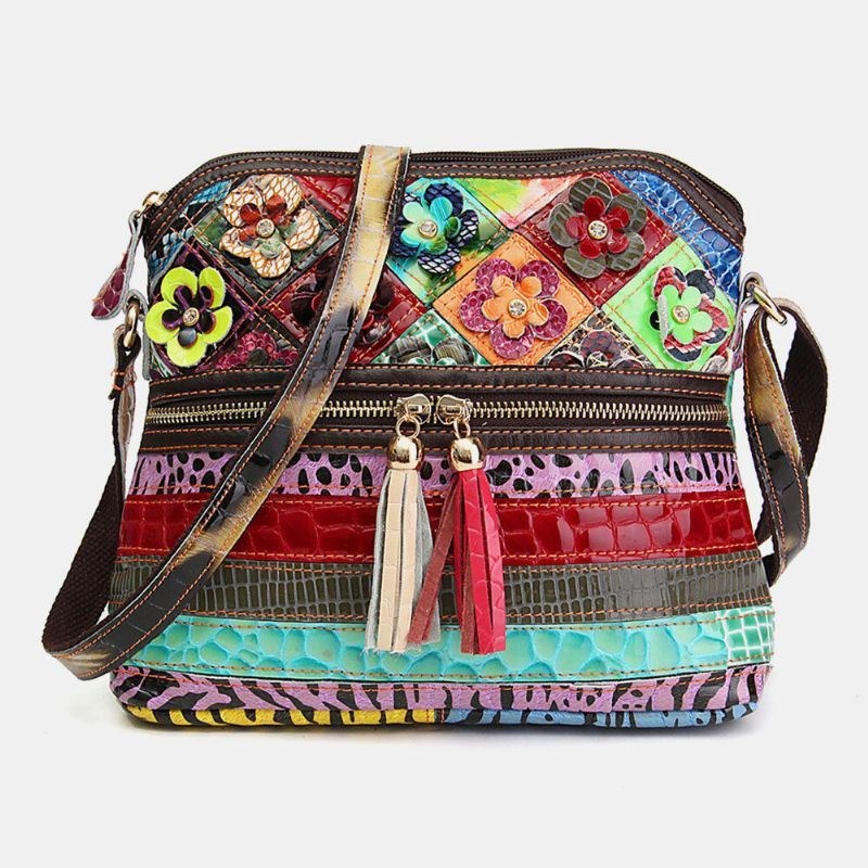 Dame Blomster Vintage Ægte Læder Crossbody Taske Piger Casual Skuldertaske