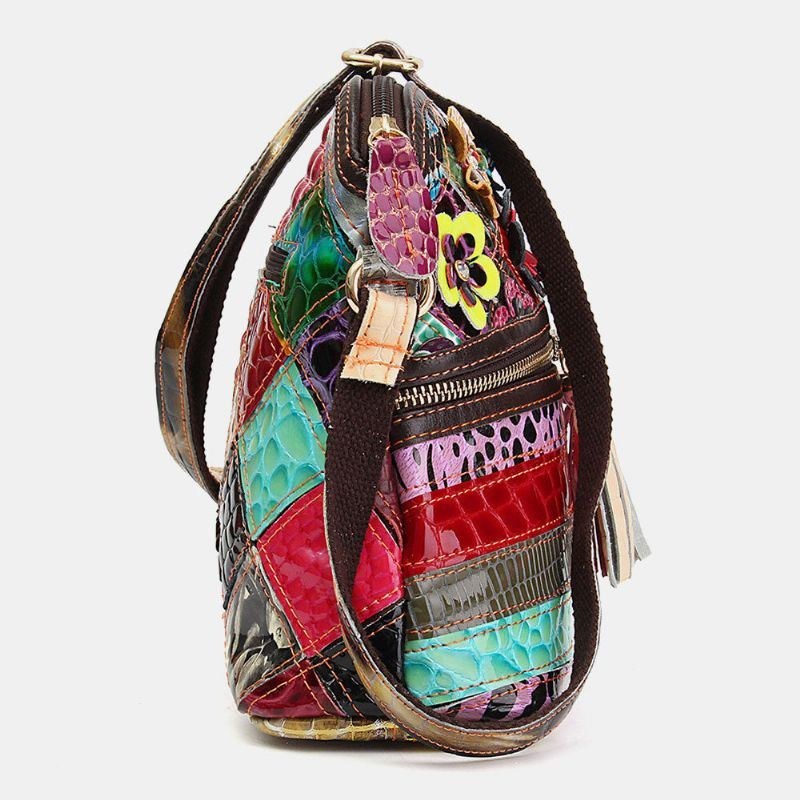 Dame Blomster Vintage Ægte Læder Crossbody Taske Piger Casual Skuldertaske