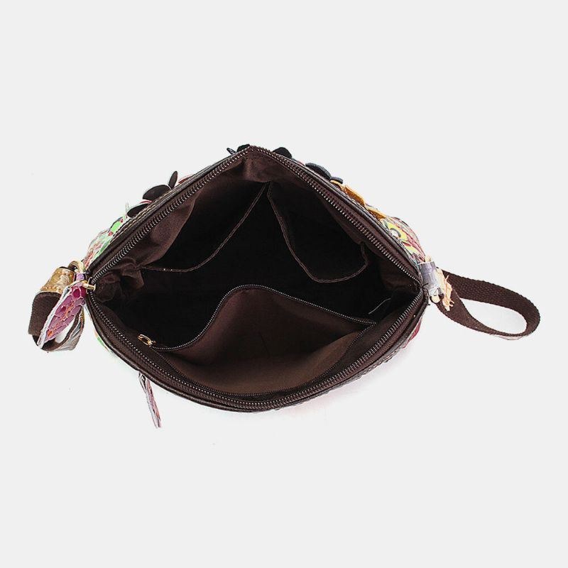 Dame Blomster Vintage Ægte Læder Crossbody Taske Piger Casual Skuldertaske