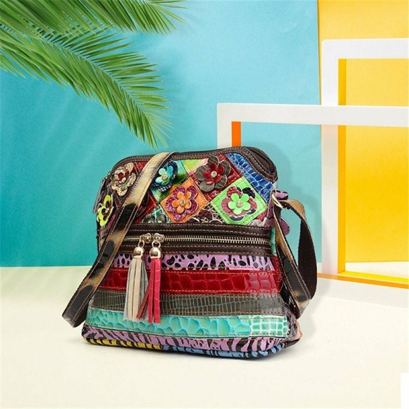 Dame Blomster Vintage Ægte Læder Crossbody Taske Piger Casual Skuldertaske