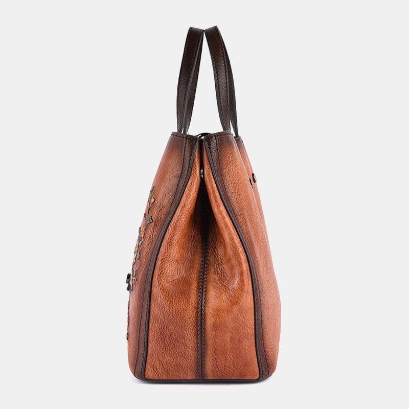 Dame Blomstermønster Præget Vegetabilsk Garvet Læder Crossbody Tasker Retro Stor Kapacitet Ægte Læder Skuldertaske Håndtaske