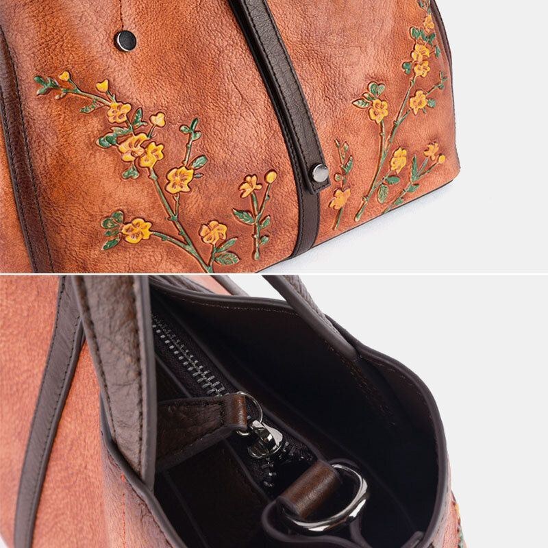 Dame Blomstermønster Præget Vegetabilsk Garvet Læder Crossbody Tasker Retro Stor Kapacitet Ægte Læder Skuldertaske Håndtaske