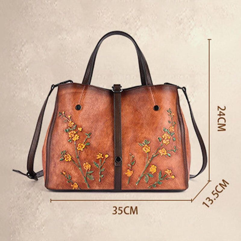 Dame Blomstermønster Præget Vegetabilsk Garvet Læder Crossbody Tasker Retro Stor Kapacitet Ægte Læder Skuldertaske Håndtaske