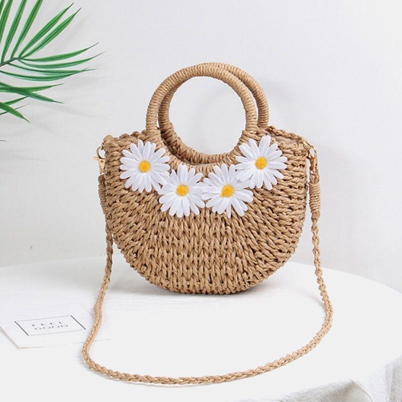 Dame Daisy Travel Summer Beach Straw Håndtaske Crossbody Bag Skuldertaske