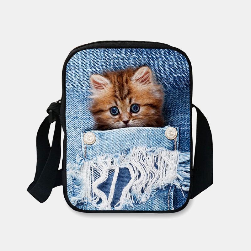 Dame Denim 3d Tredimensionel Dyr Kreativ Tegneserie Sødt Tryk Kat Casual Telefontaske Taljetaske Crossbody-taske