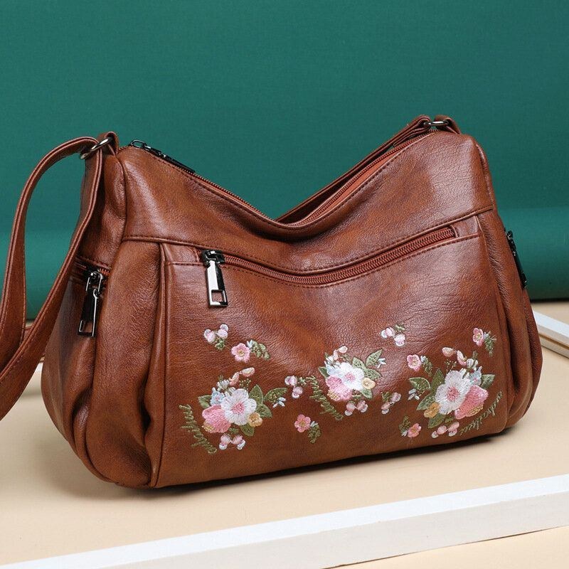 Dame Etnisk Blomst Broderet Large Capacoty Crossbody Taske Vintage Texture Hardware Vandtæt Åndbar Blødt Læder Skuldertaske