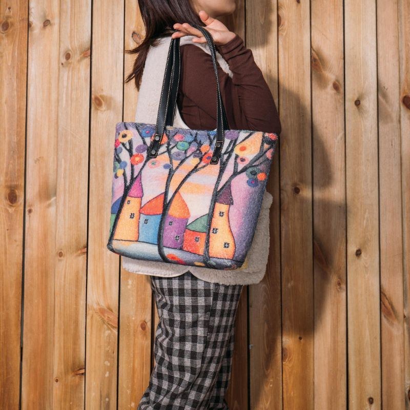 Dame Farverig Gør-det-selv Lammehår Taske Tote Bag Skuldertaske