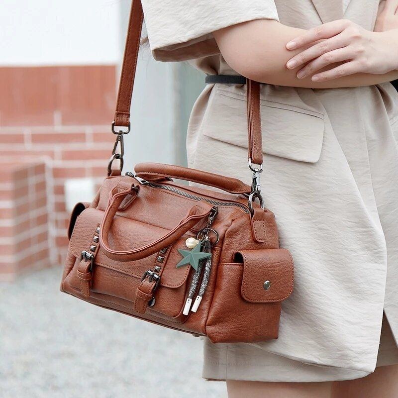 Dame Femtakkede Stjernevedhæng Large Capacoty Crossbody-taske Blødt Læder-skuldertaske Med Flere Lommer Håndtaske