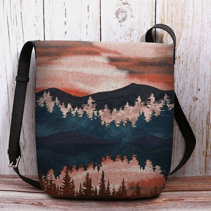 Dame Filt Bjerg Trætop Print Mønster Casual Udendørs Skuldertaske Crossbody Taske