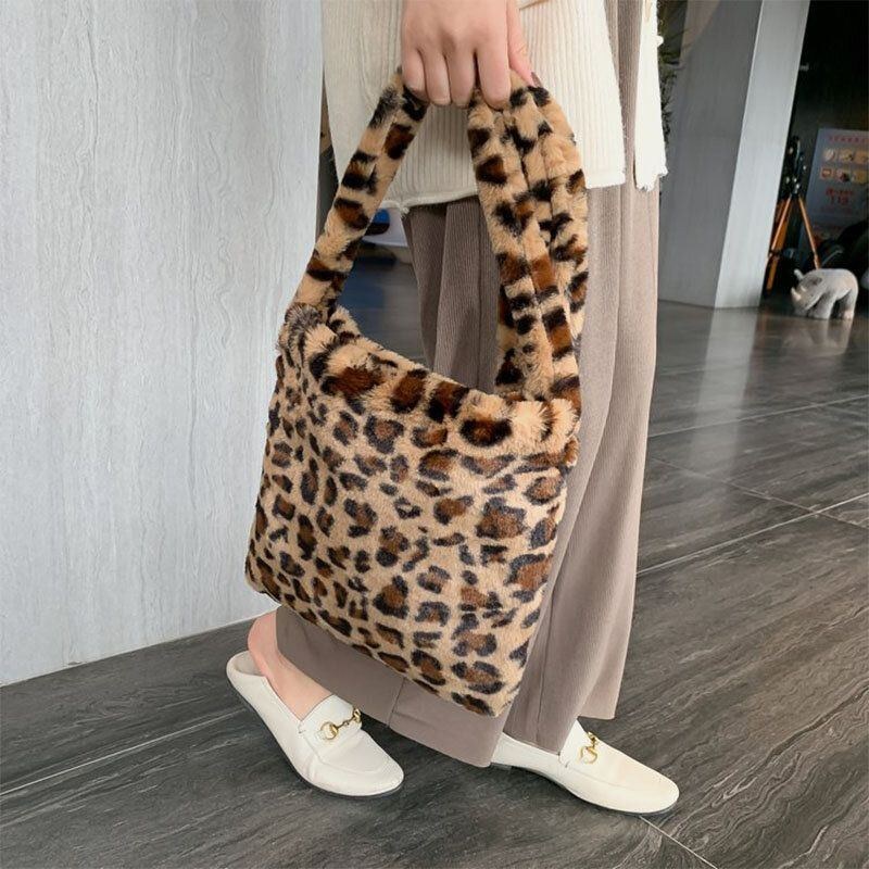 Dame Filt Blødt Leopardmønster Sød Afslappet Personlighed Skuldertaske Crossbody Taske