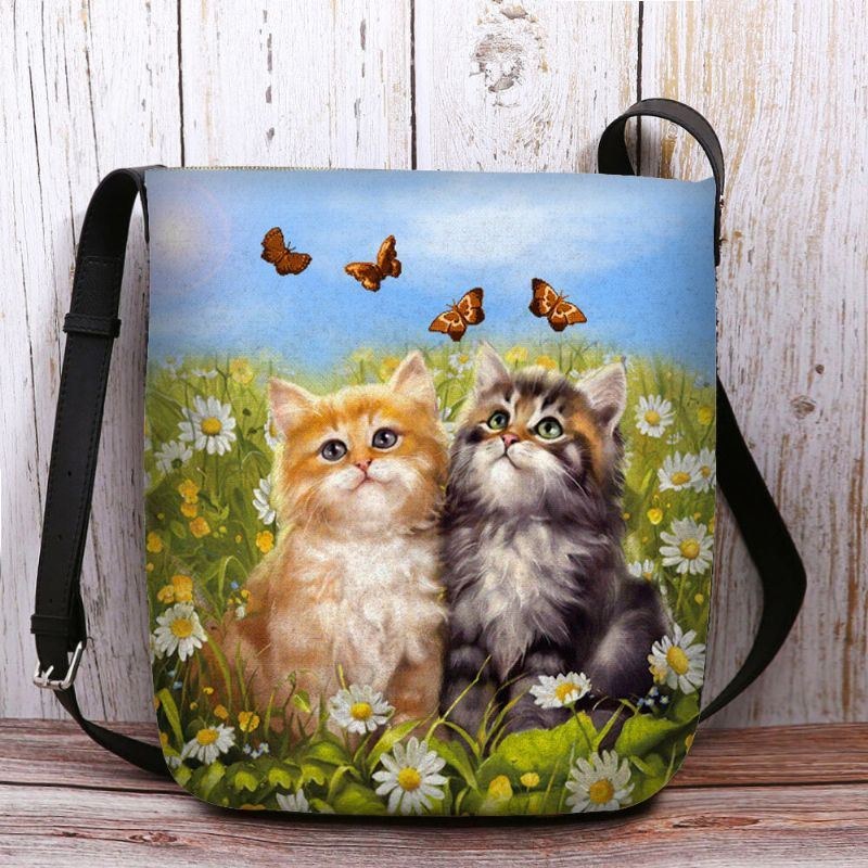 Dame Filt Country Style Tegnefilm Katte Print Personlighed Crossbody Taske Skuldertaske