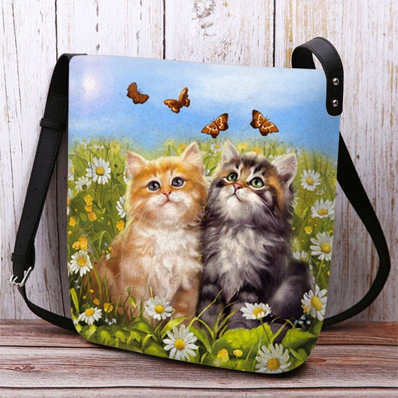 Dame Filt Country Style Tegnefilm Katte Print Personlighed Crossbody Taske Skuldertaske