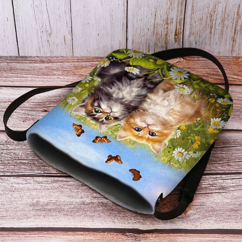 Dame Filt Country Style Tegnefilm Katte Print Personlighed Crossbody Taske Skuldertaske