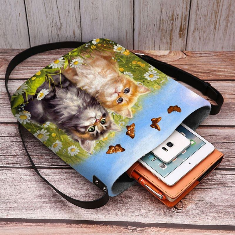 Dame Filt Country Style Tegnefilm Katte Print Personlighed Crossbody Taske Skuldertaske