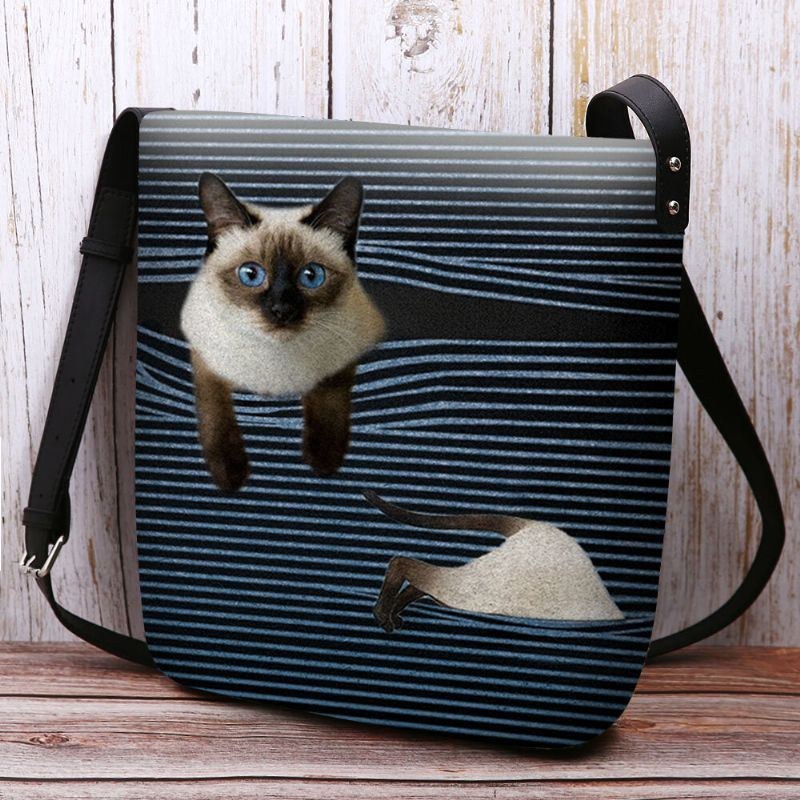 Dame Filt Sød Tegneserie Kat Striber Mønster Multi-bær Crossbody Taske Skuldertaske