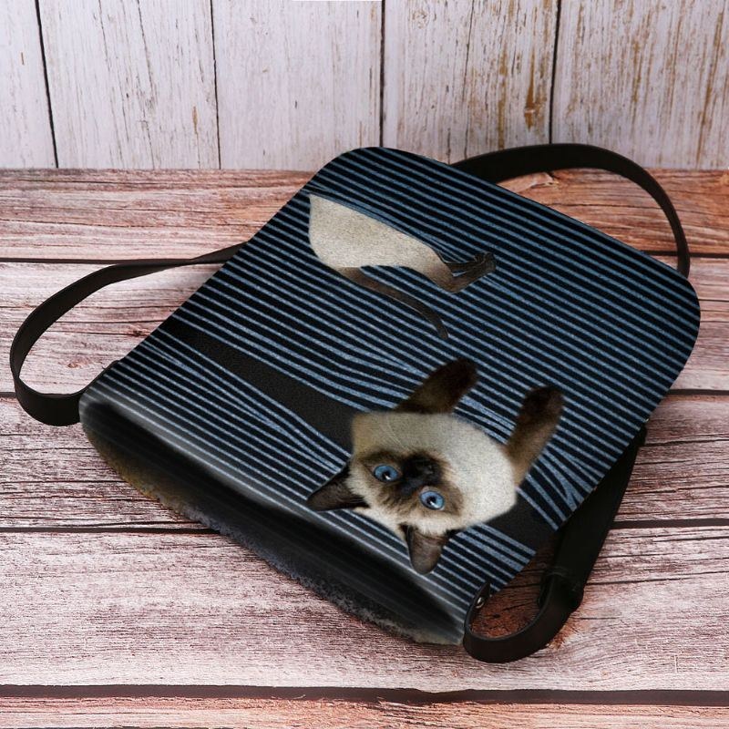 Dame Filt Sød Tegneserie Kat Striber Mønster Multi-bær Crossbody Taske Skuldertaske