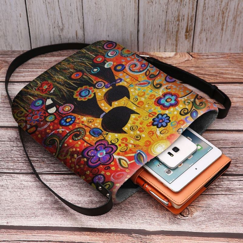 Dame Følte Afslappet Tegneserie Forelskede Katte Set Bagfra Blomstermønster Crossbody-taske Skuldertaske