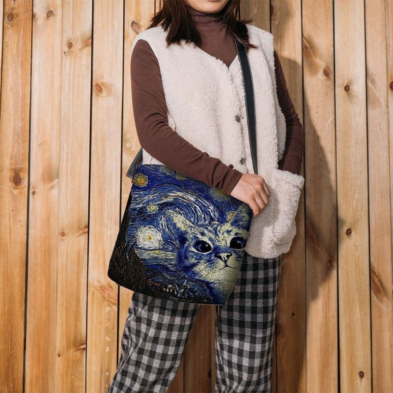 Dame Føltes Sød Afslappet Tegneserie Kat Mønster Med Stjerneklar Nat Galaksemalerier Crossbody Taske Skuldertaske