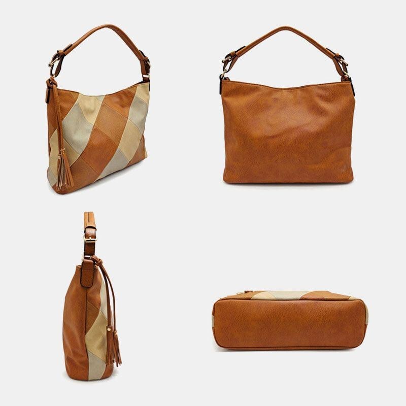 Dame Imiteret Læder Mode Farve Blok Kvast Crossbody Taske Skuldertaske