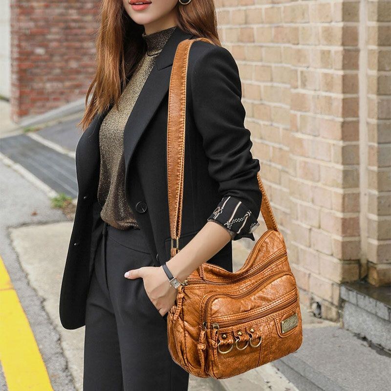 Dame Imiteret Læder Retro Slidbestandig Crossbody-taske Med Stor Kapacitet Skuldertaske