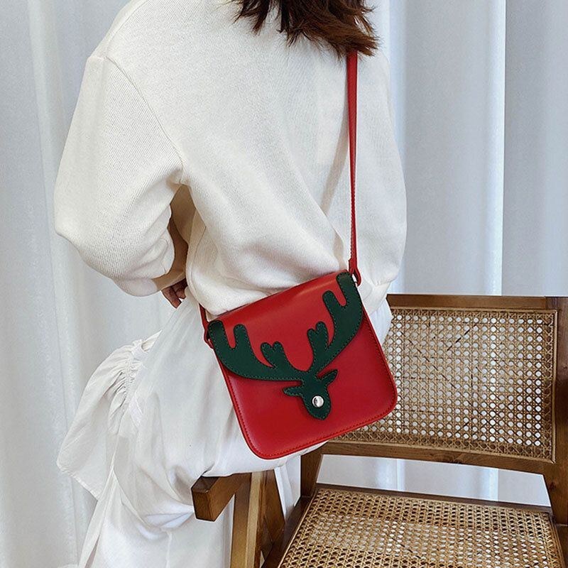 Dame Kunstlæder Kontrastfarve Jul Elg Mønster Lille Firkantet Taske Crossbody Taske Skuldertaske