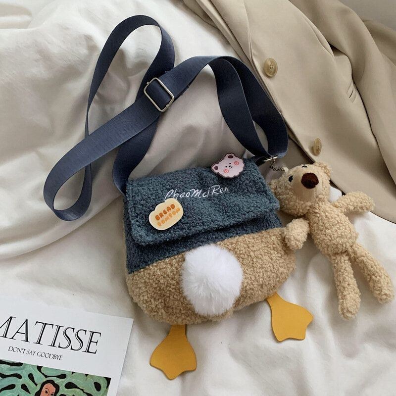 Dame Lammeuld Sød Blød Tegneserie Andeform All-match Lille Skuldertaske Crossbody Taske