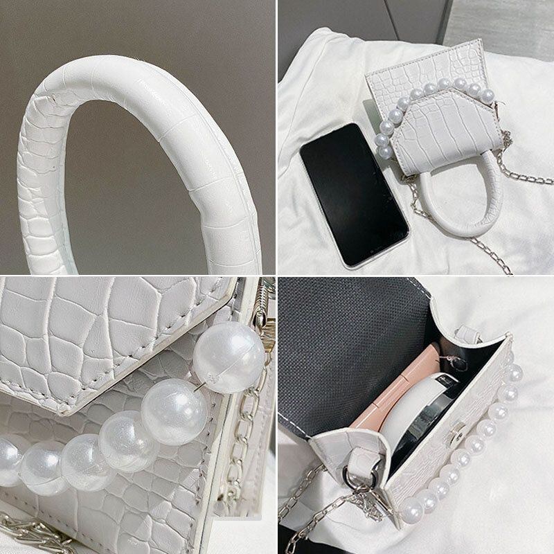 Dame Perler Kæde Decor Flap Præget Slangemønster Mini Håndtaske Crossbody Taske Skuldertaske