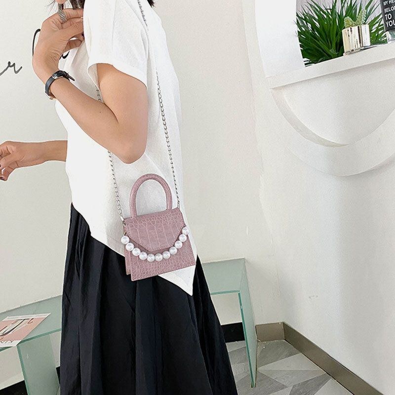 Dame Perler Kæde Decor Flap Præget Slangemønster Mini Håndtaske Crossbody Taske Skuldertaske