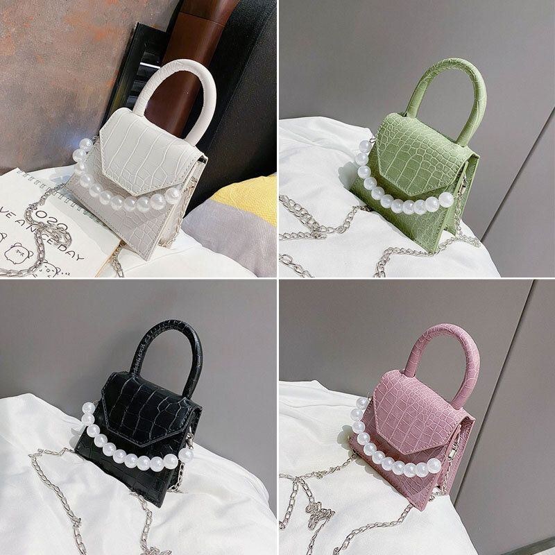 Dame Perler Kæde Decor Flap Præget Slangemønster Mini Håndtaske Crossbody Taske Skuldertaske