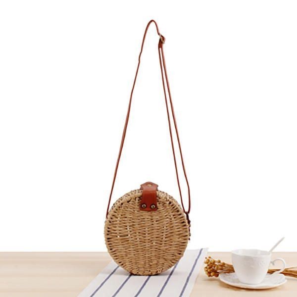 Dame Rundvævet Strå Crossbody-taske Solid Strandtaske