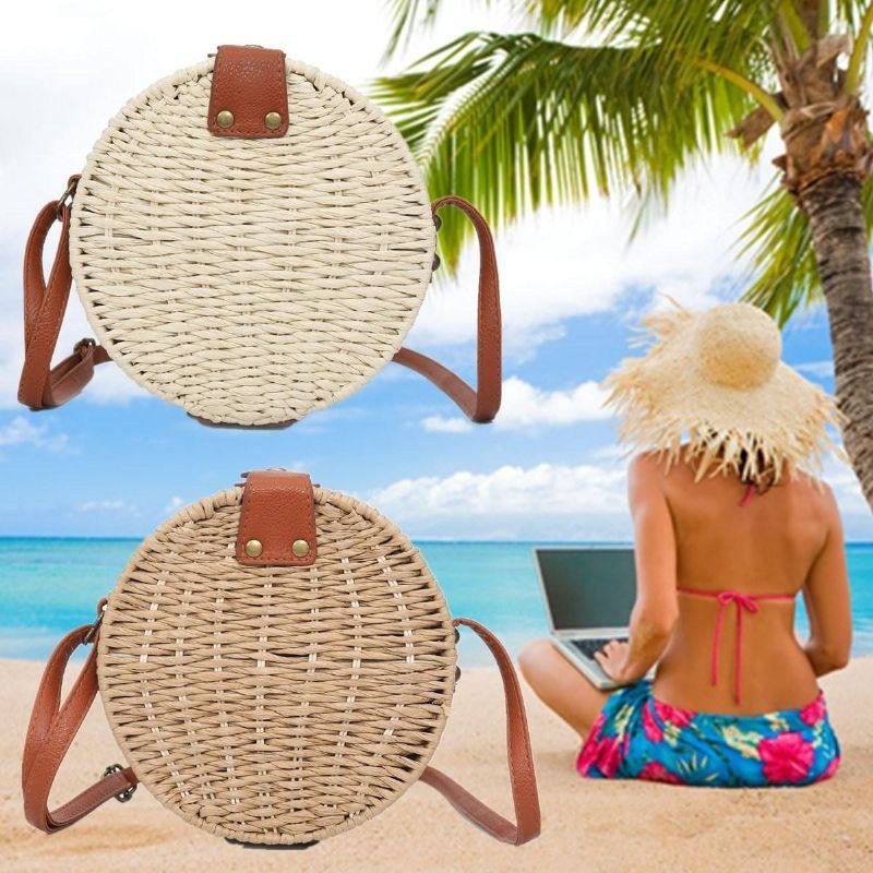 Dame Sommer Rund Straw Skuldertaske Vintage Woven Beach Tote Crossbody Håndtaske