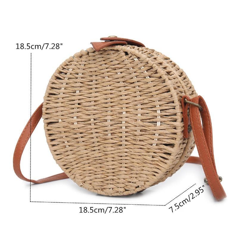 Dame Sommer Rund Straw Skuldertaske Vintage Woven Beach Tote Crossbody Håndtaske