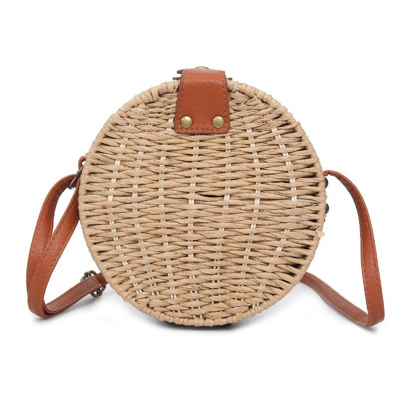 Dame Sommer Rund Straw Skuldertaske Vintage Woven Beach Tote Crossbody Håndtaske