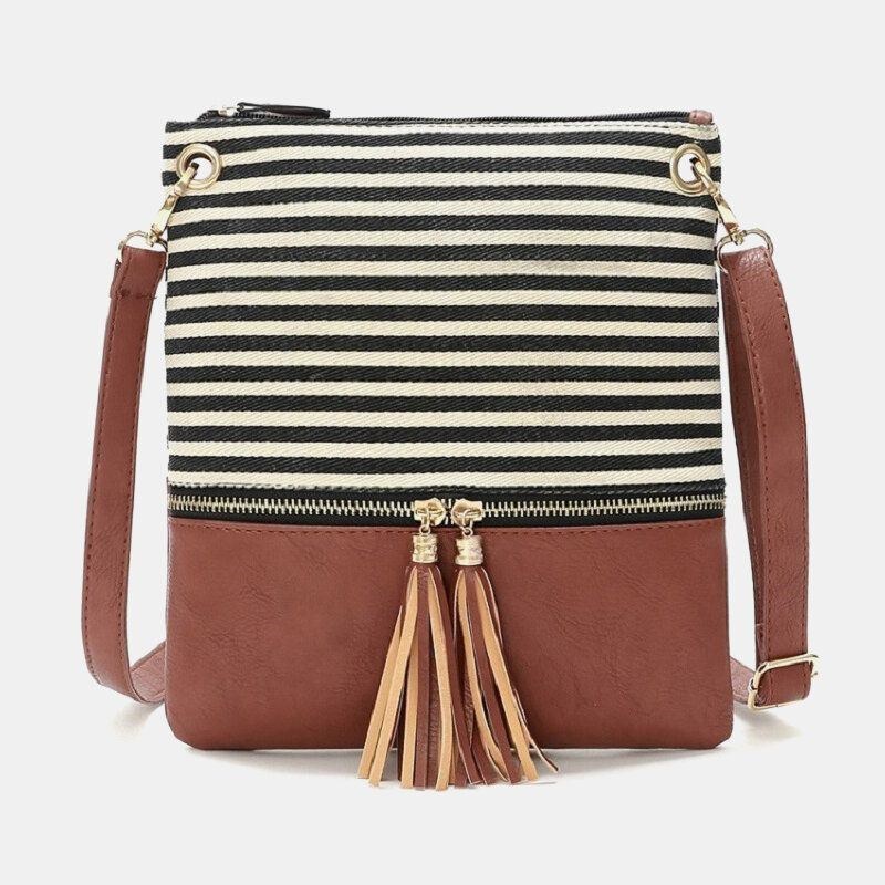 Dame Stribet Kvast Casual Canvas Crossbody Taske Skuldertaske