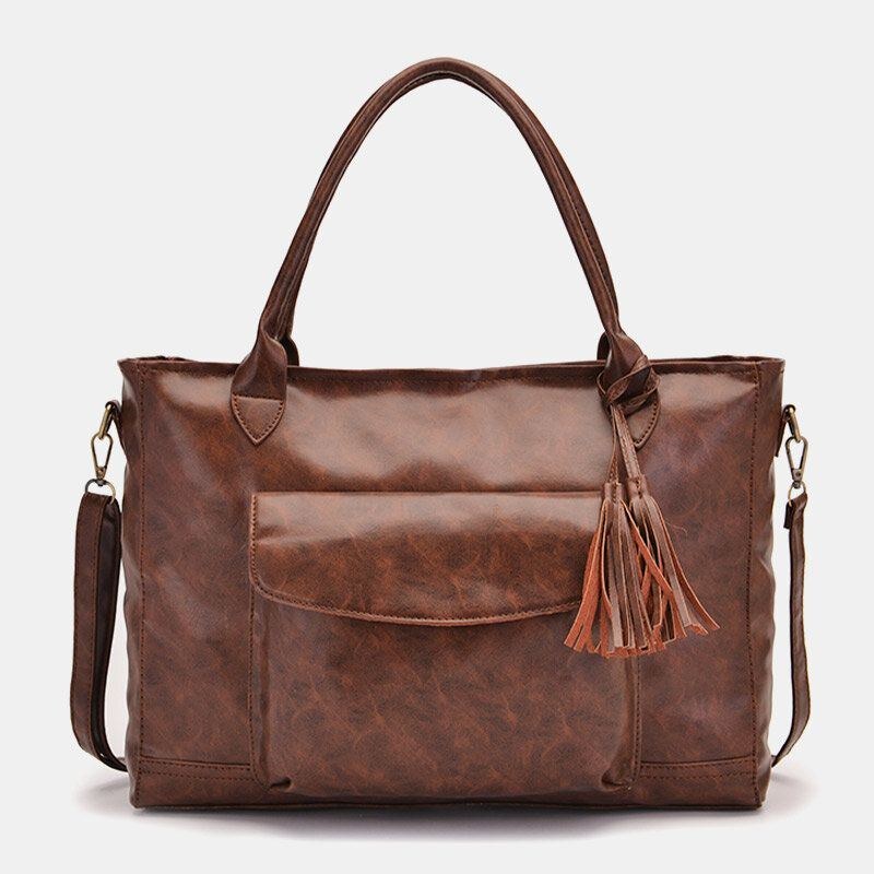 Dame Vintage Kvast Decor Stor Kapacitet Tote Crossbody Taske Multifunktionel Blød Imiteret Pelskuffert Håndtaske