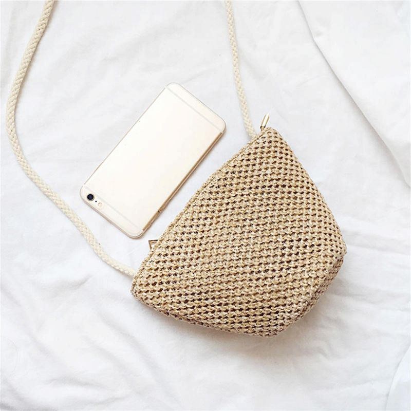 Retro Strandtaske Vævet Halmrotting Rund Håndtaske Vintage Strikket Messenger