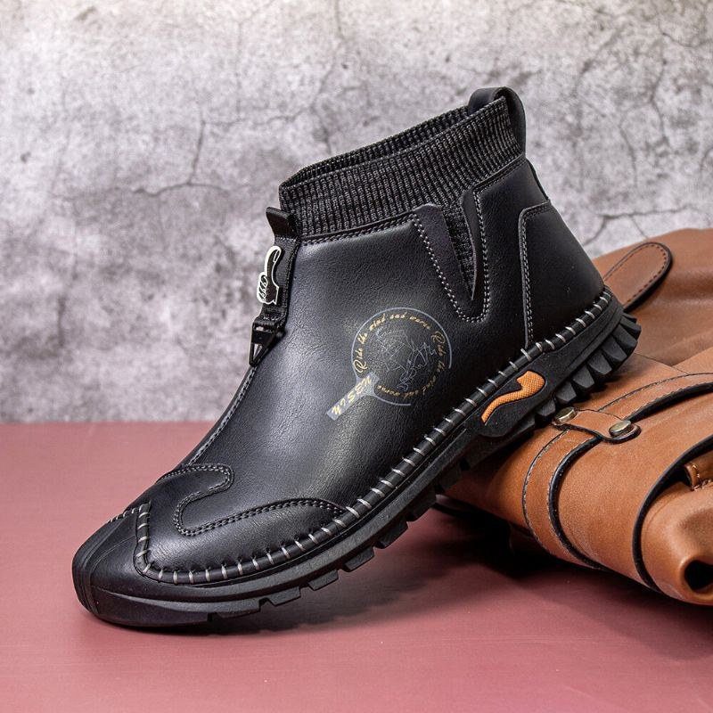 Ægte Læder For Mænd Vintage Chelsea Blød Bund Slip-on Varme Afslappede Strømpestøvler