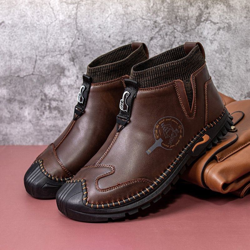 Ægte Læder For Mænd Vintage Chelsea Blød Bund Slip-on Varme Afslappede Strømpestøvler