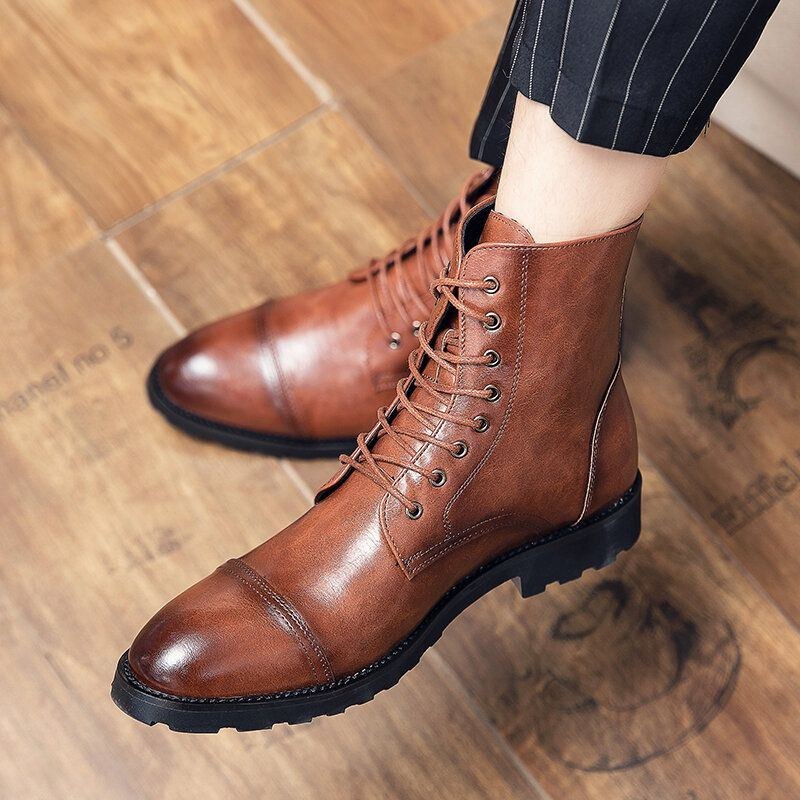 Herre Koskind Læder Behagelig Blød Sål Vintage Business Casual Snøre Støvler