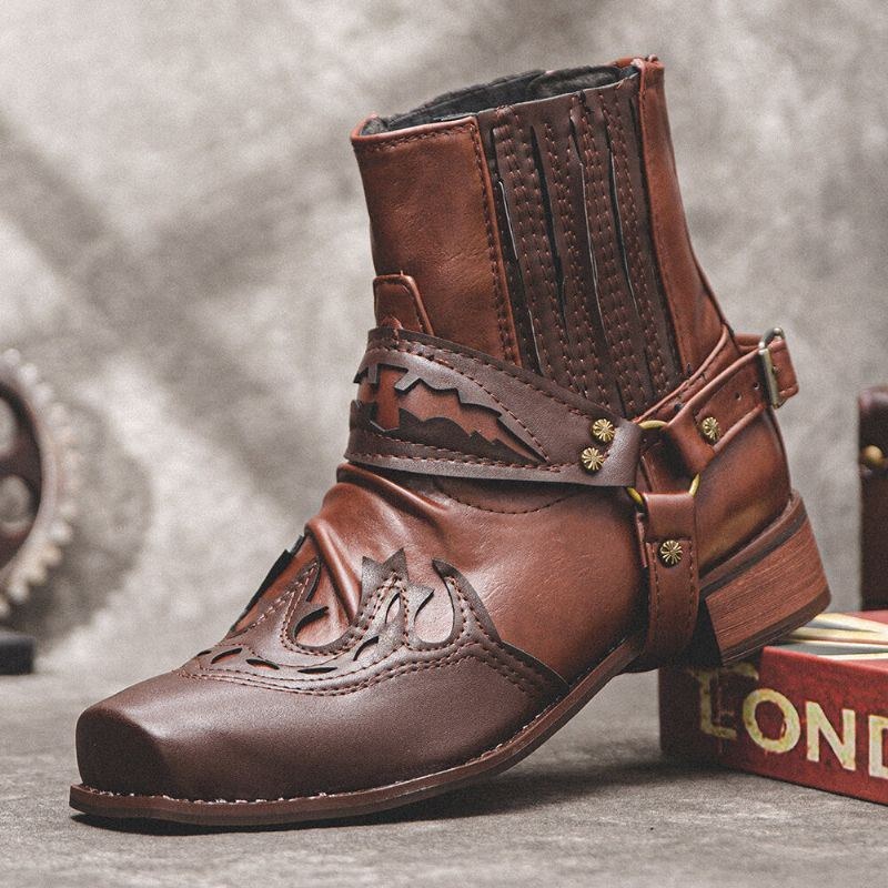 Herre Læder Behagelig Blød Sål Retro Romersk Firkantet Tå Slip On Casual Knight Boots