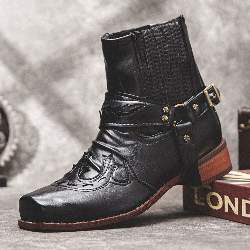 Herre Læder Behagelig Blød Sål Retro Romersk Firkantet Tå Slip On Casual Knight Boots