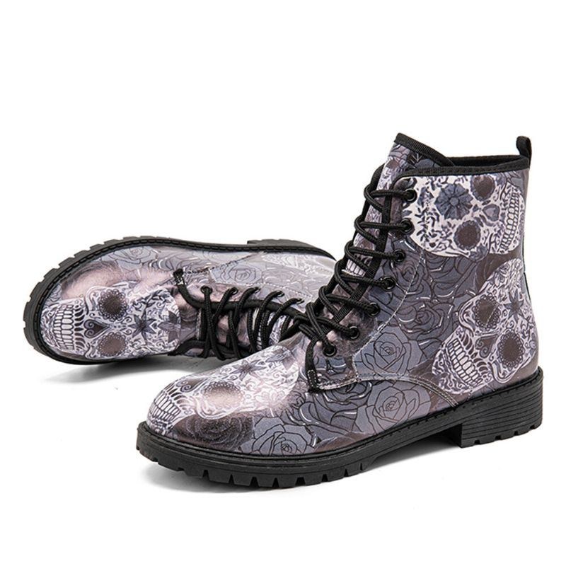 Herre Læder Halloween Retro Blomster Kraniemønster Tykke Såler Snørebånd Bløde Behagelige Casual Martin Støvler