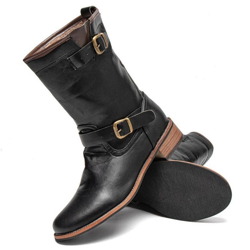 Herre Læder Retro Rund Toe Skridsikker Comfy Slip On Solid Casual Martin Støvler