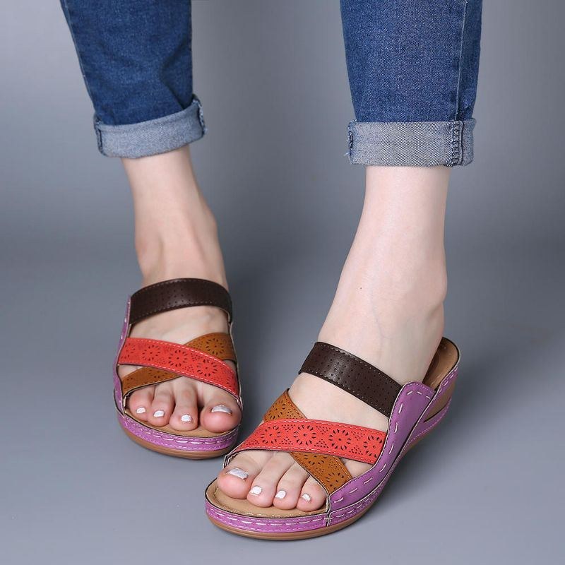 Dame Casual Cross Bælte Hule Farve Stitching Hjemmesko