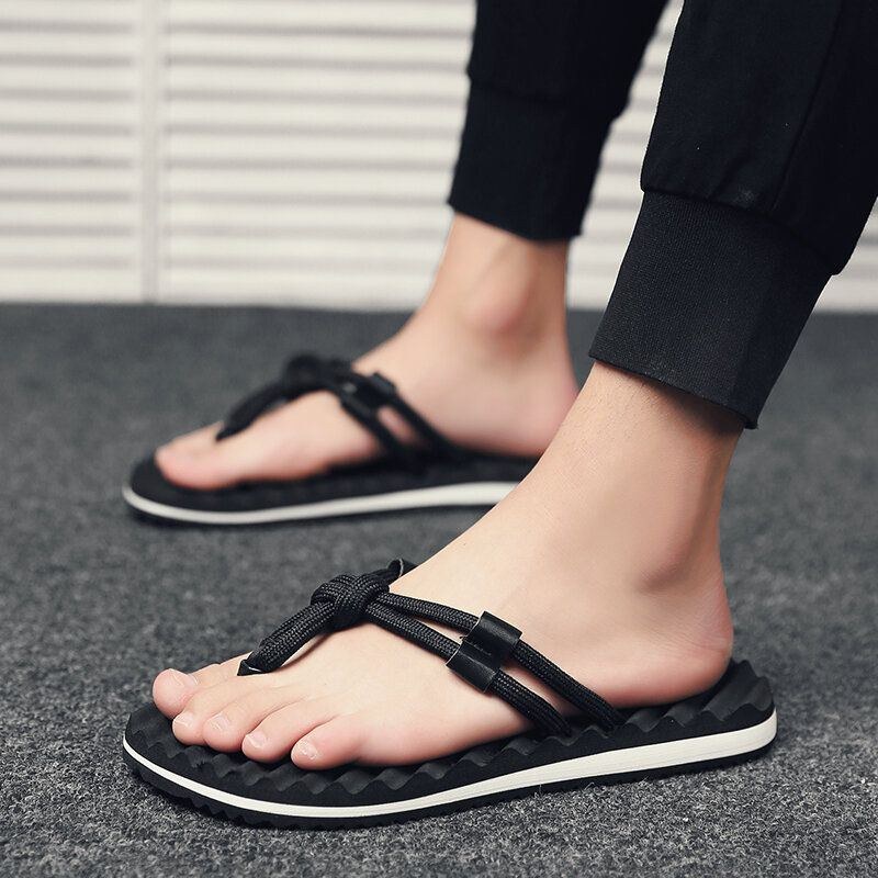 Herre Åndbare Vævede Snørebånd Blød Bund Skridsikre Behagelige Flip Flops Afslappede Hjemmesko
