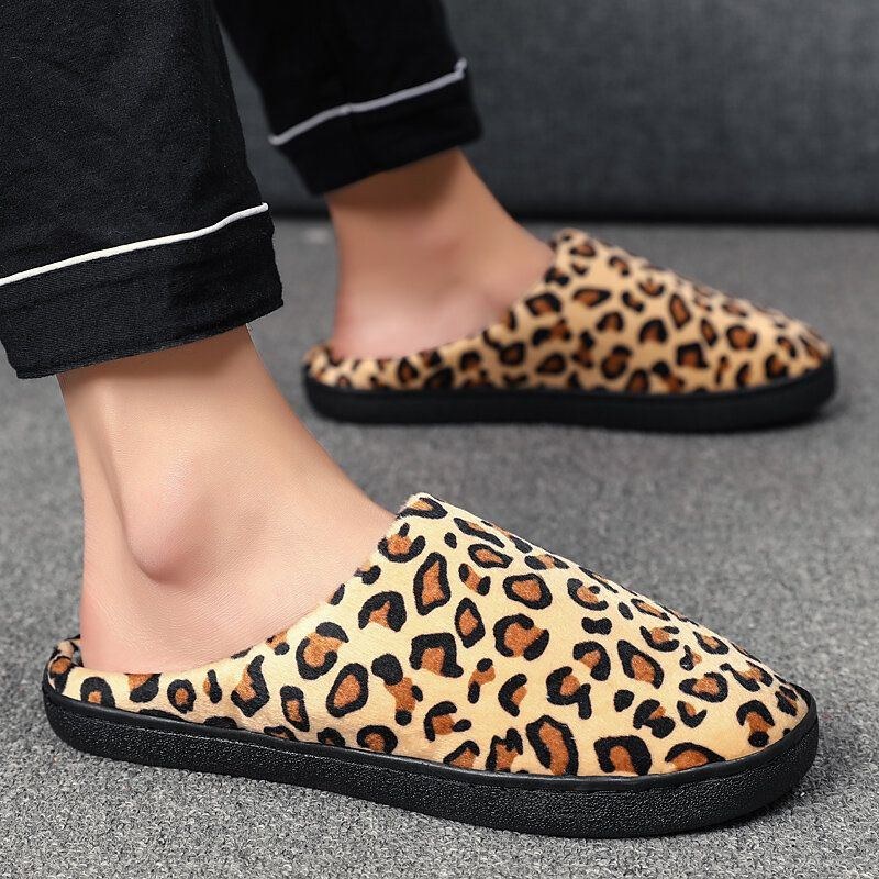 Herre Leopard Bomuld Varm Skridsikker Bærbar Sål Slip-on Hjemmesko
