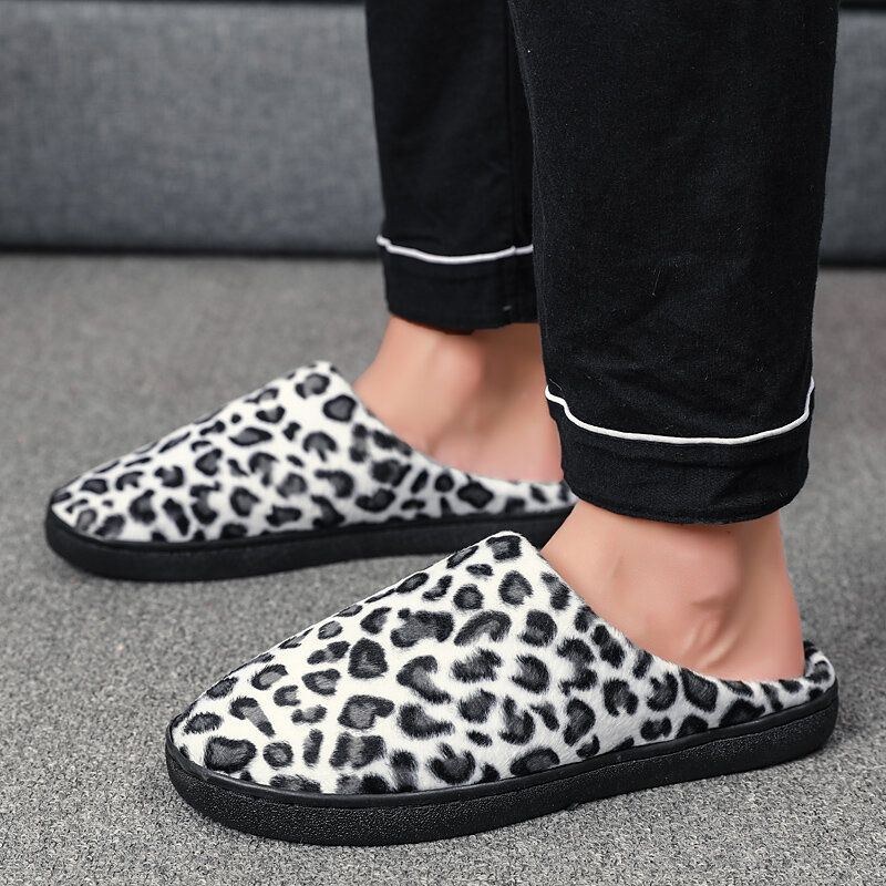 Herre Leopard Bomuld Varm Skridsikker Bærbar Sål Slip-on Hjemmesko