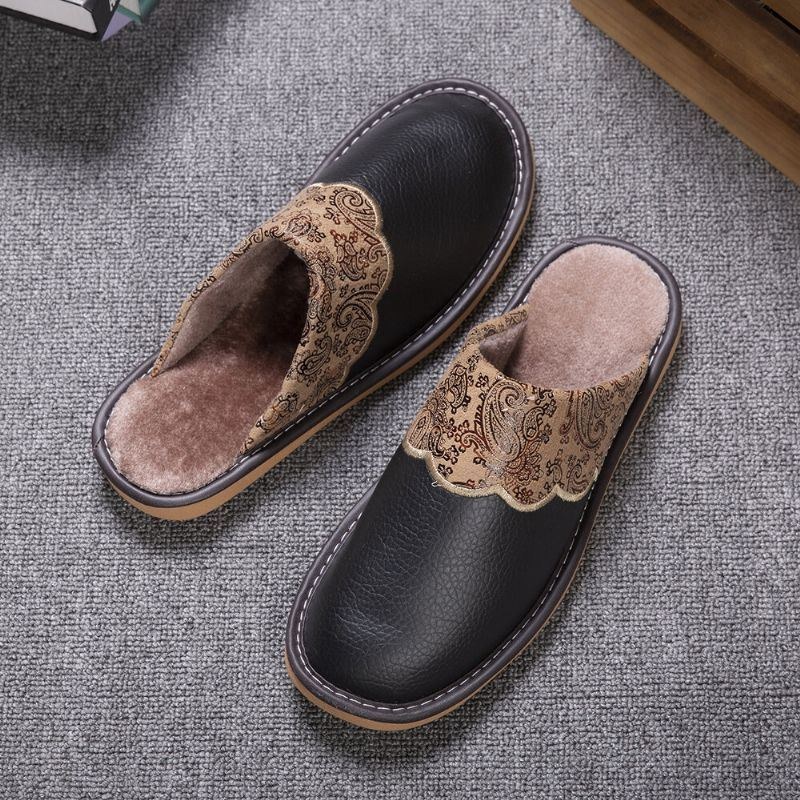 Herre Vinter Pu Læder Rund Tå Varm Let Slip-on Hjemmesko I Bomuld