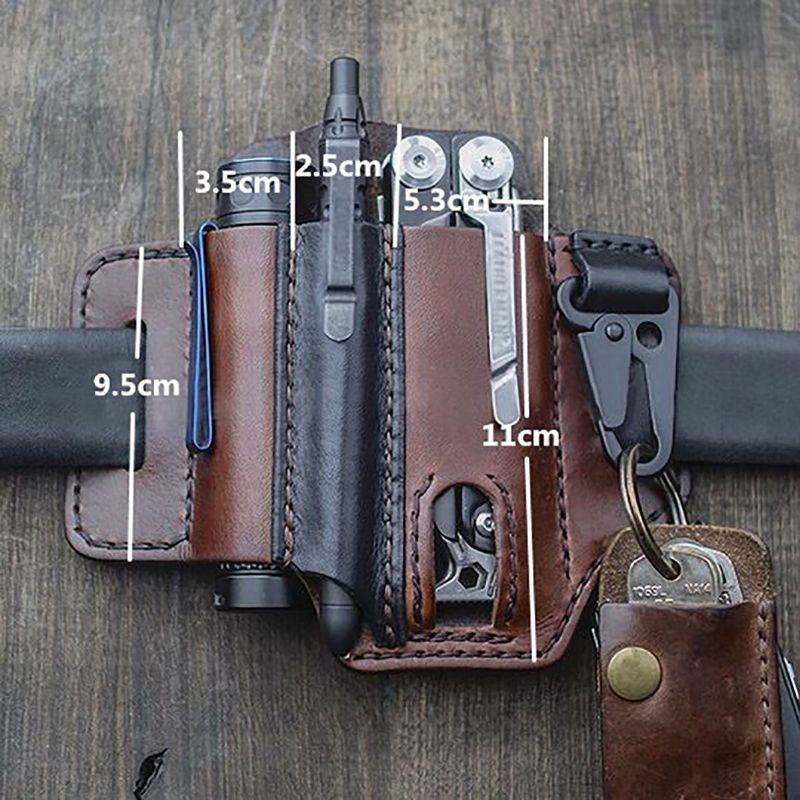 Ægte Læder Til Mænd Fanny Pack Multitool Lommelygte Bælteskede Med Nøglering Organizer