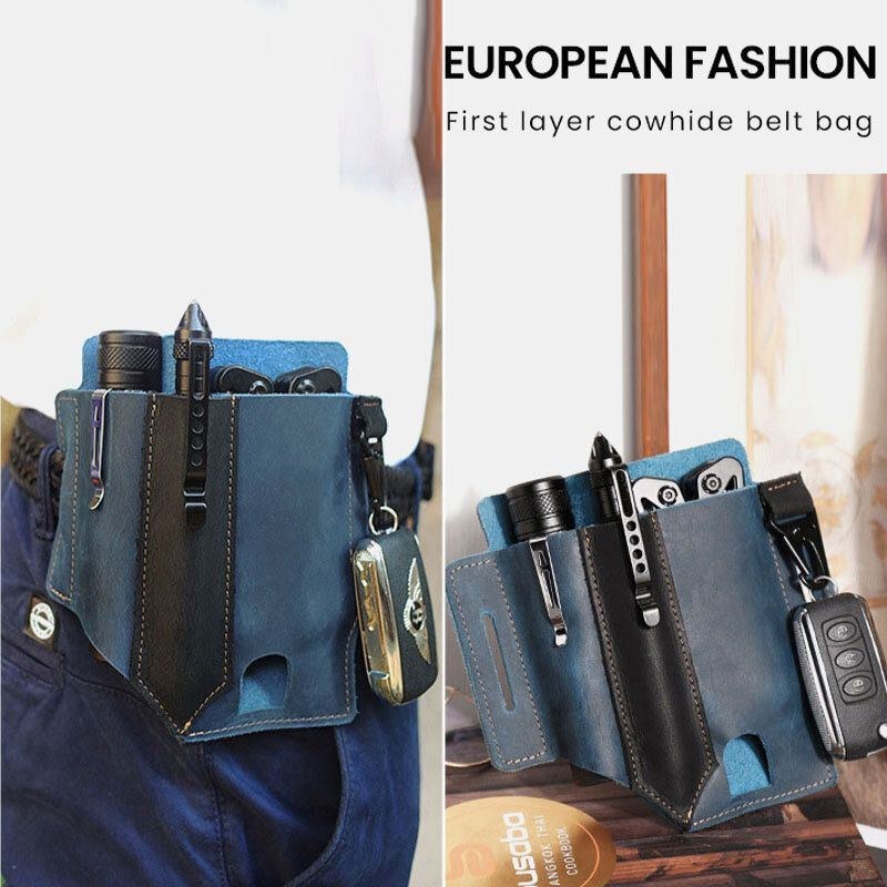 Herre Edc Vintage Multifunktion Slidfast Ægte Læder Taljetaske Nøglering Tactical Bag
